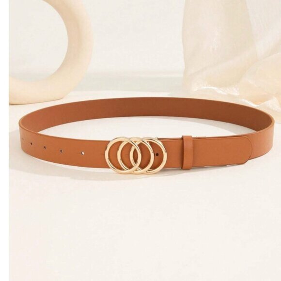 Vegan Leather 3-Ring Buckle Gold Color Belt Brown - Picture 3 of 5